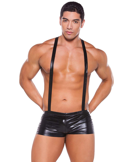 Zeus Wet Look Suspender Shorts Black O/S - View 2