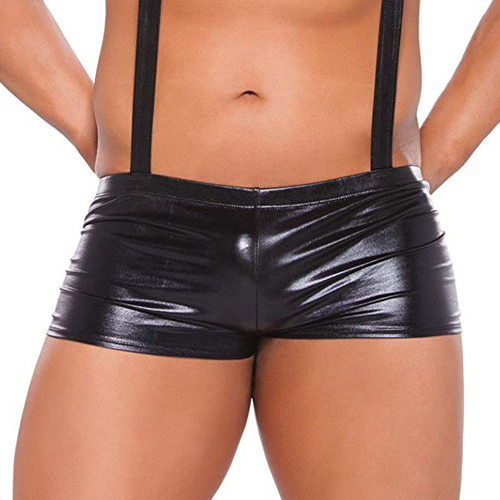 Zeus Wet Look Suspender Shorts Black O/S - View 4